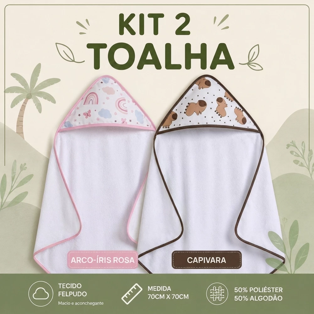 Kit 2 Toalhas de Banho Infantil com Capuz Felpuda para Bebê Menina Menino 70x70cm Enxoval Bebê