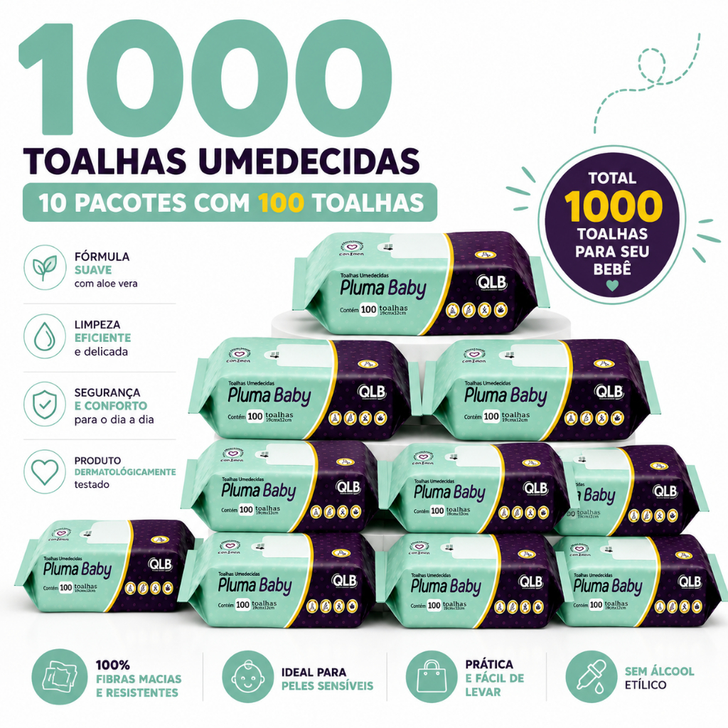 Caixa com 10 Lenços/Toalhas Umedecidas Pluma Baby c/100 Unidades Cada - Sem Tampa FlipTop