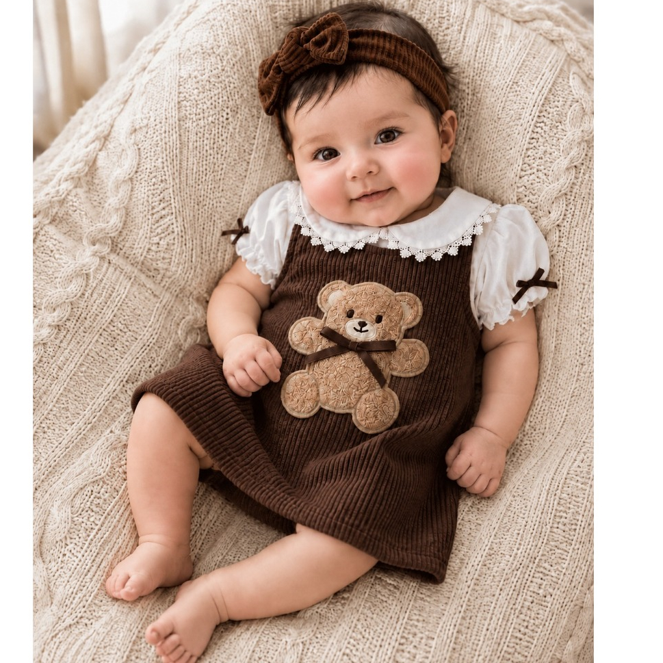 Vestido Bebê em Cotelê com Ursinho – Delicado e Confortável Agatha verão