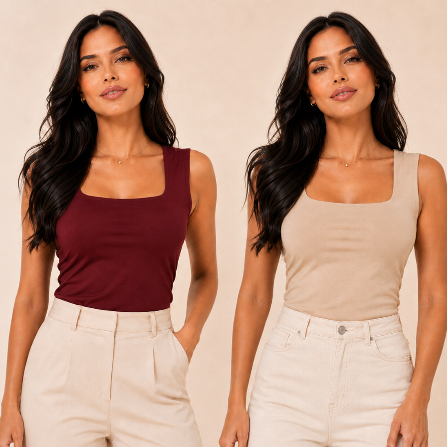 Kit 2 Busa Regatas Femininas Suplex Premium Casual Moda Elegante Decote Quadrado Moda Blogueira Blusinhas Elegante