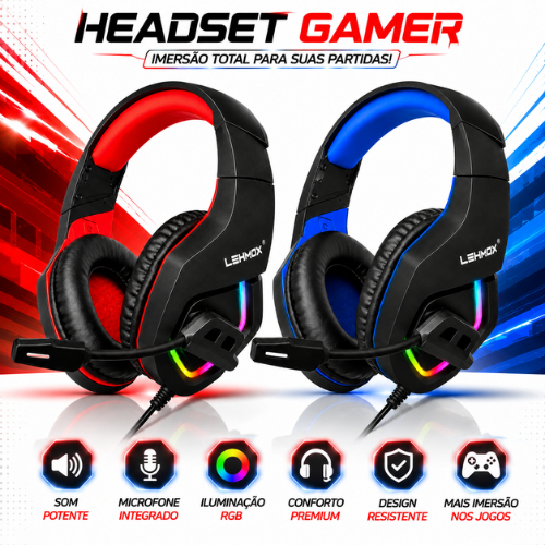 Headset Gamer USB com Microfone Integrado Som Potente Iluminação RGB Controle de Volume para PC Notebook Jogos