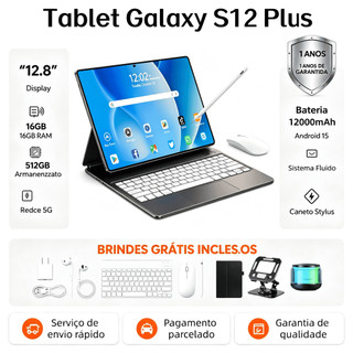 【Teclado e mouse grátis】Tablet  Galaxy S12 Plus 12,8 polegadas, 16 GB + 512GB, bateria de 12000 mAh, 5G e Wi-Fi, com
