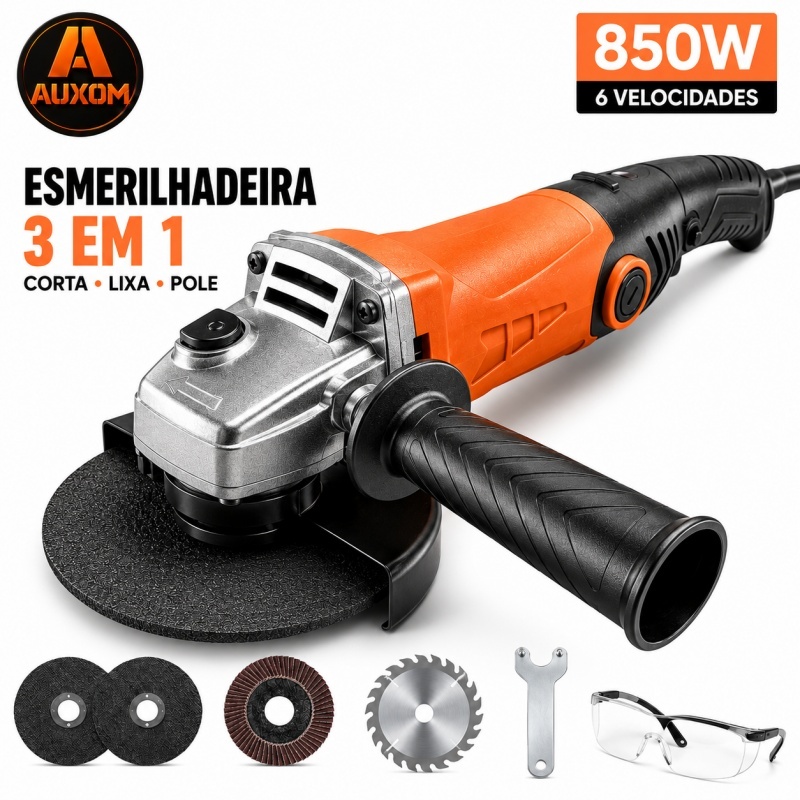 Esmerilhadeira Politriz Lixadeira AUXOM 3 em 1 850W 115mm 6 Velocidades 11000 RPM 110V ou 220V