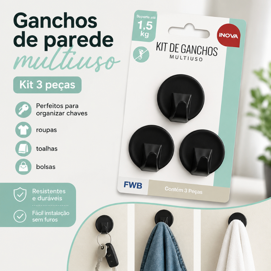 Ganchos de parede multiuso, Kit 3 peças Perfeitos para organizar chaves roupas toalhas bolsas
