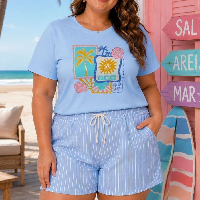Camiseta Feminina Plus Size 100% Algodão Tropical Camisa Básica Verão Blusa Estilosa G1 G2 G3