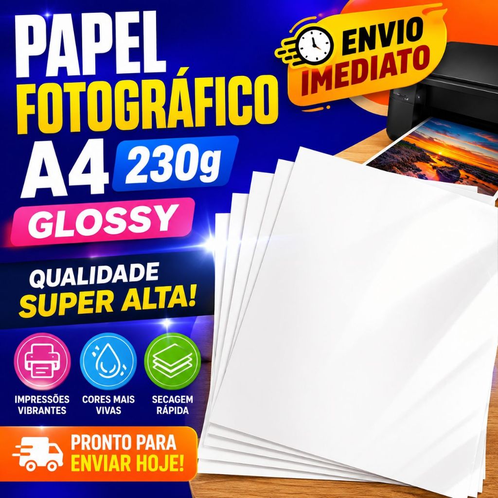 Papel Fotográfico A4 230g Glossy para Impressão 50 fls Brilhante s/ adesivo
