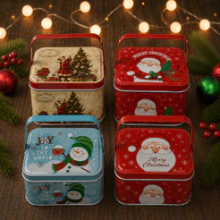 Kit 4 Lata de Natal com Alça - Metal - Papai Noel, Merry Christmas, Noel Clássico e Boneco de Neve - 6x10,5x8cm - Rizzo