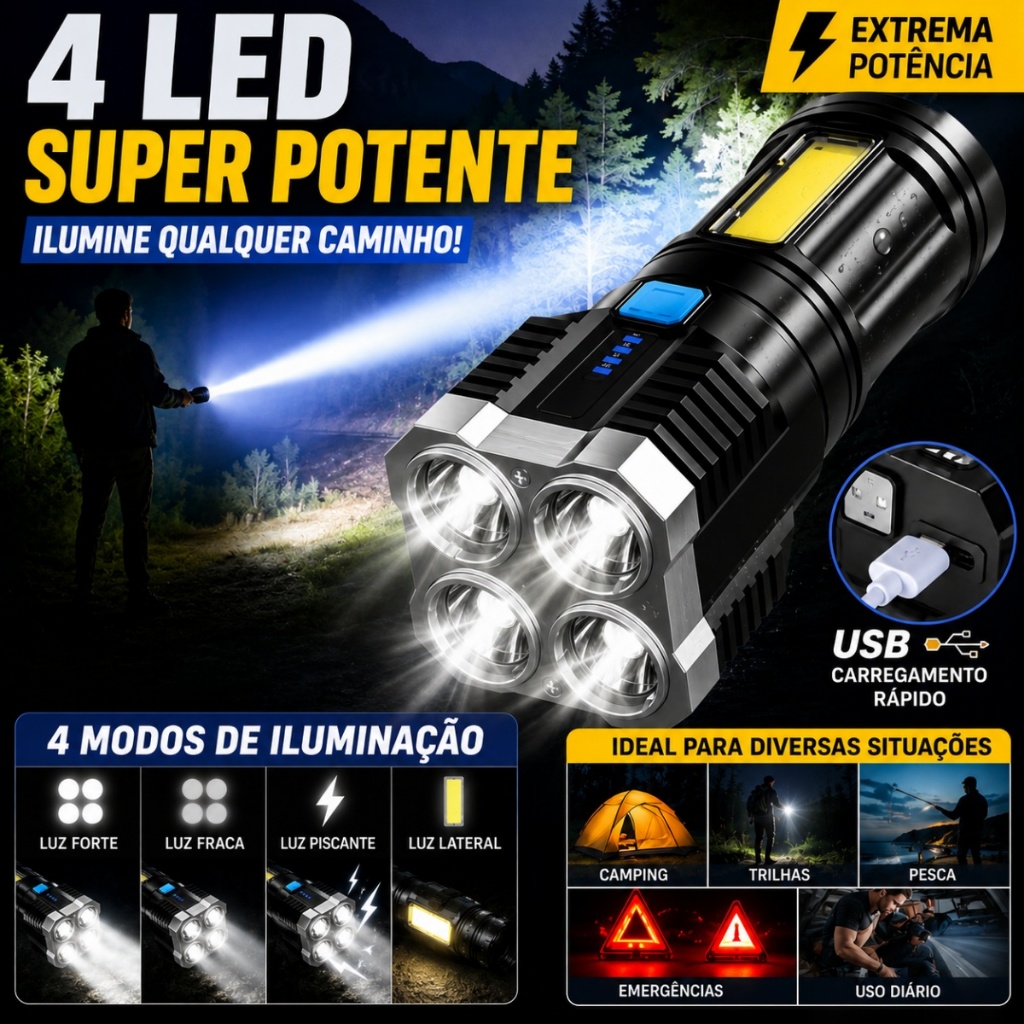 Lanterna LED 500m USB 8100mAh 4 Modos – Impermeável para Emergências e Aventuras