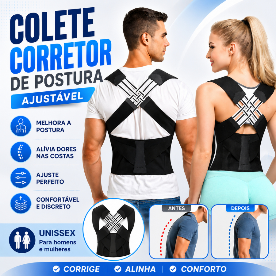 Colete Corretor de Postura Ajustável Cinta Lombar e Cervical para Coluna Alívio de Dores nas Costas
