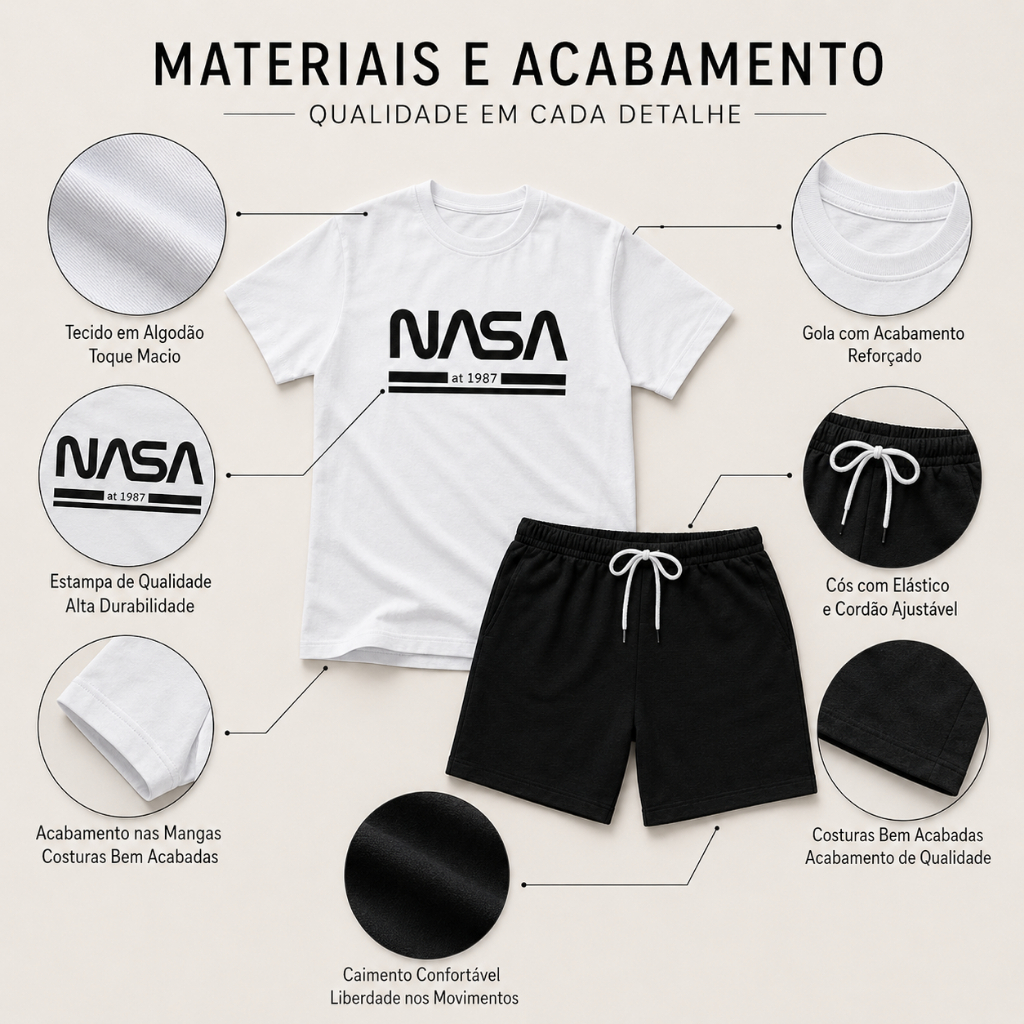 Conjunto Masculino NASA Camiseta Manga Curta e Bermuda Shorts Casual Esportivo Kit Masculino NASA Camiseta e Bermuda