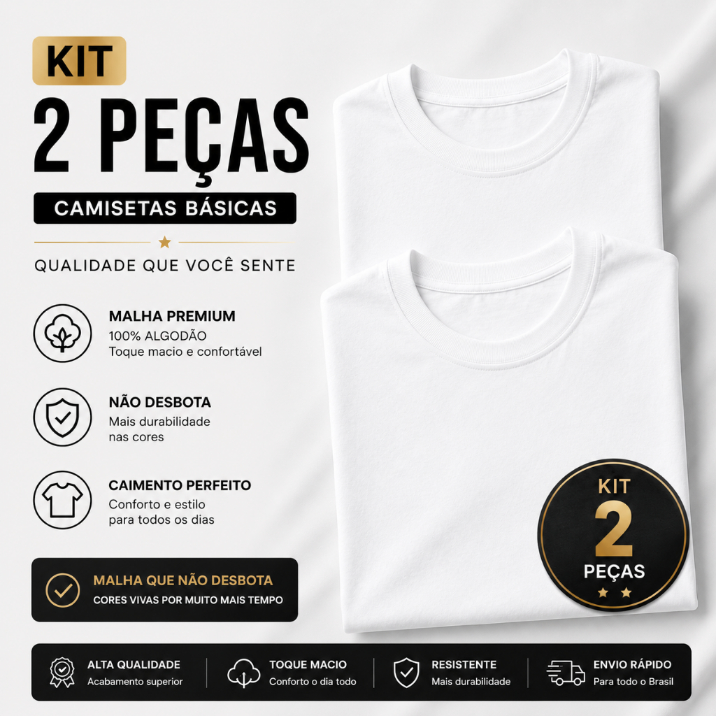 Kit 2 Camisetas Masculinas Básicas Lisas Sem Estampa Branca 100% Algodão Modelagem Confortável Diversos Tamanhos