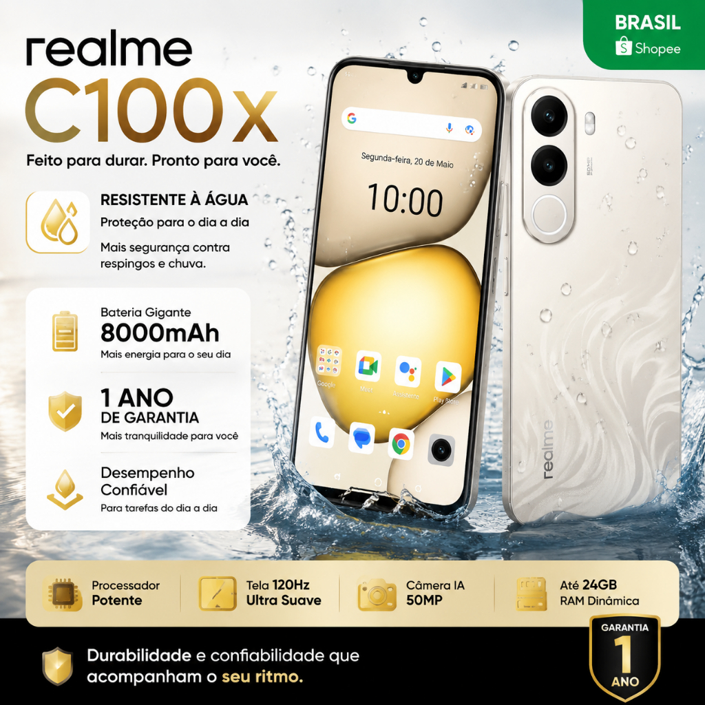 Celular realme C100X Smartphone 4+256 GB Bateria 8000mAh 2ANOS E IA GARANTIA Original Versão Global NFC Tela 6.74"