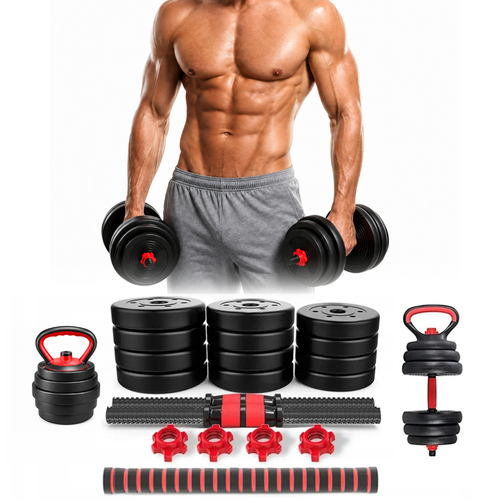 Kit de Treino Funcional 10/15/20 kg – Halteres, Barra, Supino e Kettlebell – Conjunto de Halteres e Anilhas Ajustáveis