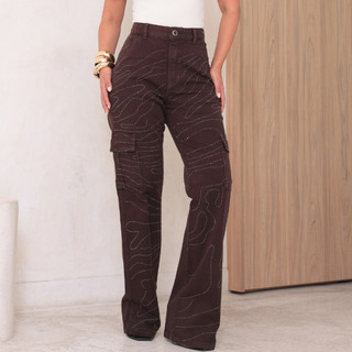 Calça Jeans Feminina Cargo Strass - BRILHO com Strass Wide Leg Blogueira com Bolsos