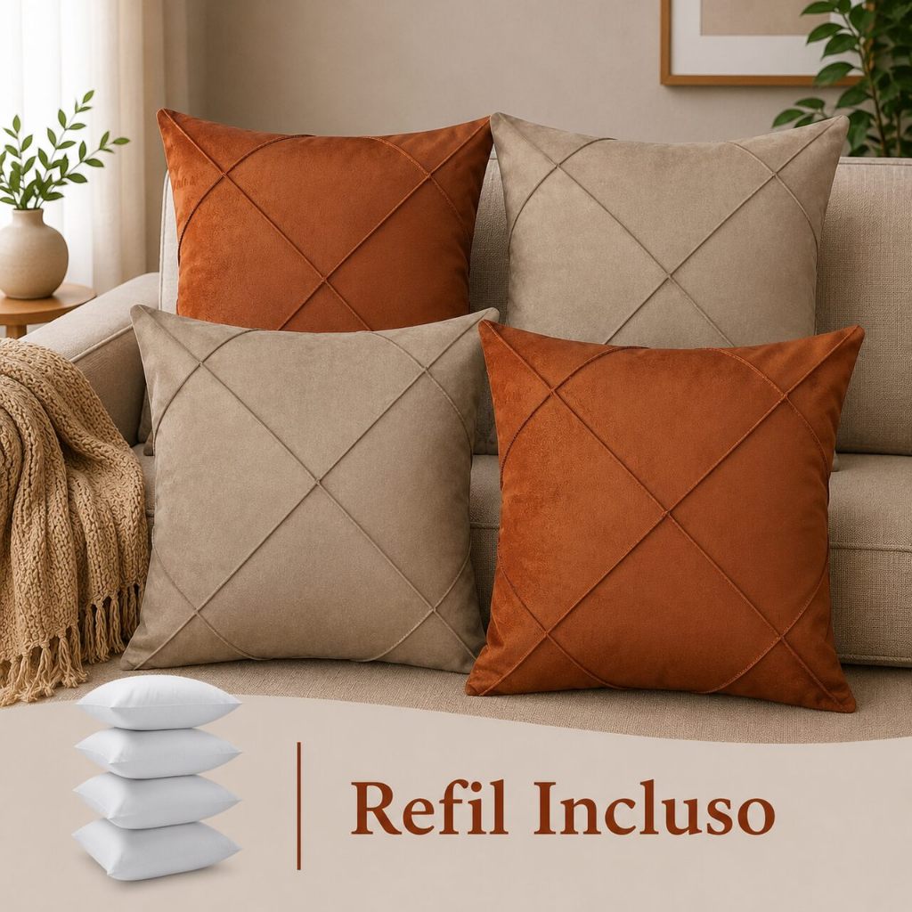Kit 04 Almofadas Cheias Suede Drapeada 43x43cm Decorativas Sala Quarto Sofá