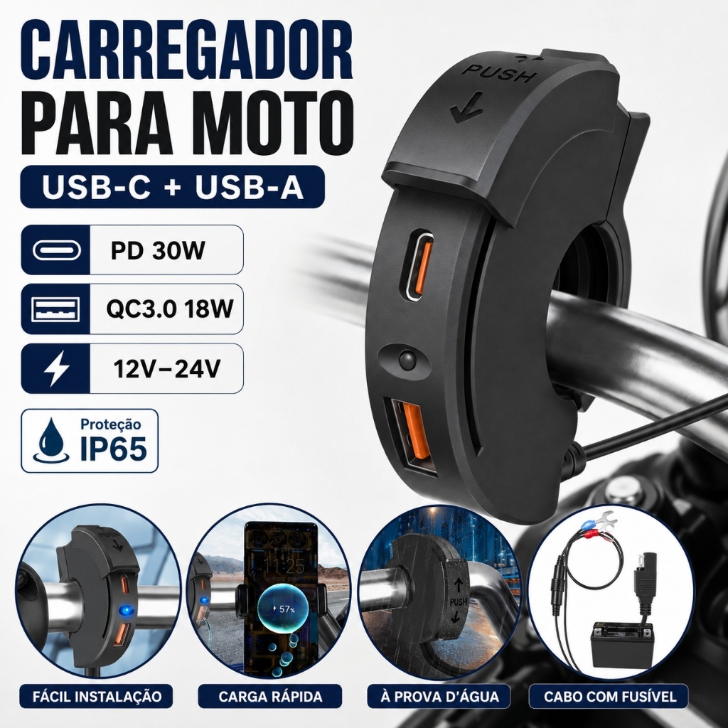 Carregador para Moto USB-C PD 30W USB-A QC3.0 18W 48W 12V 24V Guidão Proteção IP65