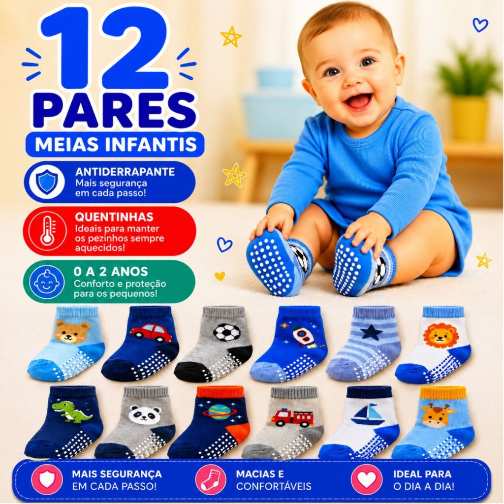 Kit 12 Pares de Meias Bebê Menino Antiderrapantes Algodão Confortáveis 0–24 Meses Infantil