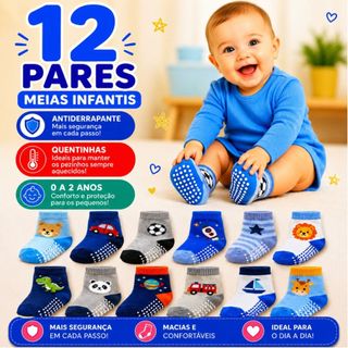 Kit 12 Pares de Meias Bebê Menino Antiderrapantes Algodão Confortáveis 0–24 Meses Infantil