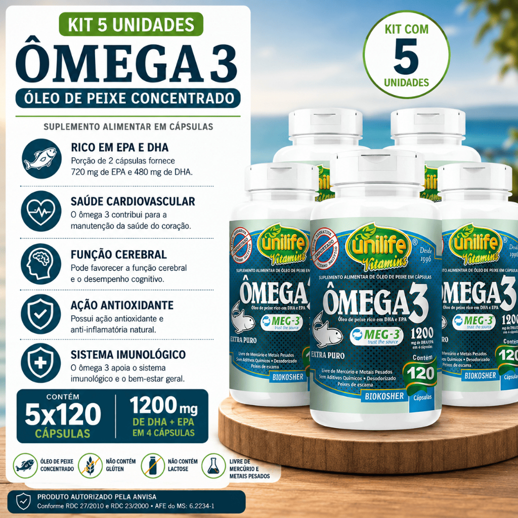 Kit 5 Ômega 3 Unilife – Óleo de Peixe 1200mg com 120 Cápsulas