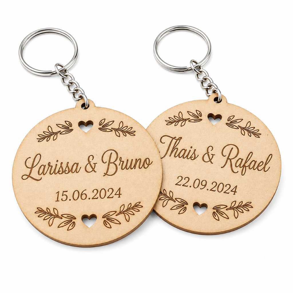 Kit 50 Chaveiros Casamento Personalizados MDF Nome e Data batizado aniversário 15 anos bodas eventos brindes