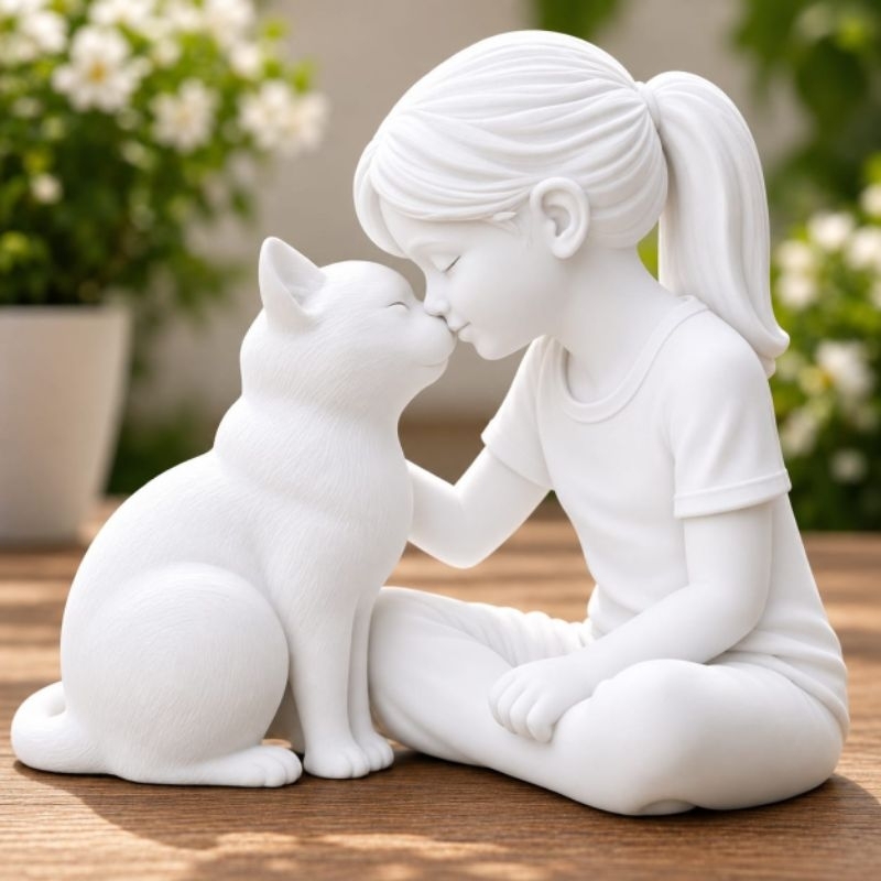 Escultura Menina, menino com Gato 3D Decorativa Amor Pet Estátua Infantil Enfeite Casa Sala Quarto