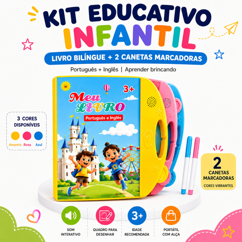Livro Interativo com Som Infantil Bilíngue Português Inglês Multi Temas Toque Educativo Aprendizagem