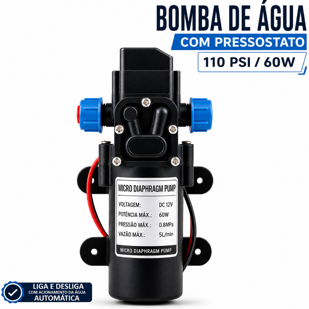 Bomba de Água 60w 110psi 12v Muito Forte Vazão 5L/m Pressão Pressostato - Oferta