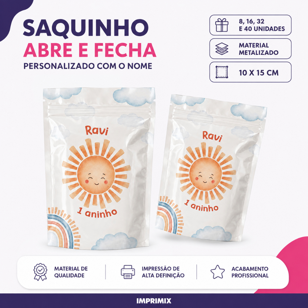 Saquinho Metalizado Abre e Fecha Personalizado Qualquer Tema 10x15 Kit 8 a 40 Lembrancinha Festa Infantil Aniversário