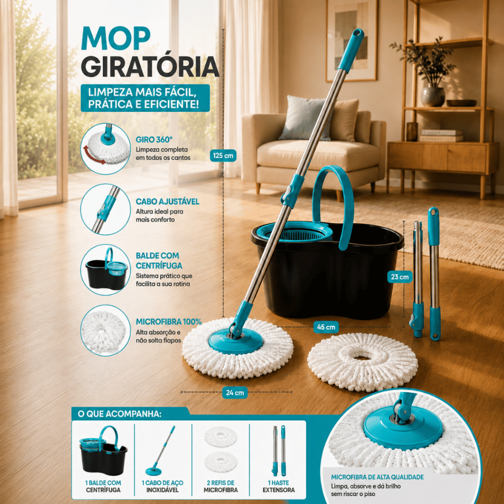 Mop Giratório 360º com Balde Centrífuga Cabo Retrátil em Aço Inox Esfregão Super Oferta Envio Rápido