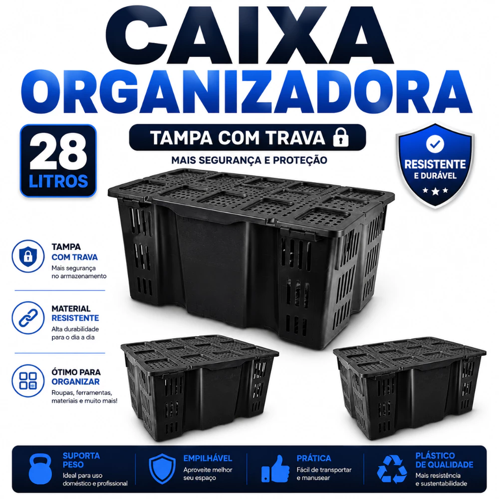 Kit 3 Caixas Organizadora Container Preta Com Tampa e Trava 28 Litros Cesto Organizador Preto