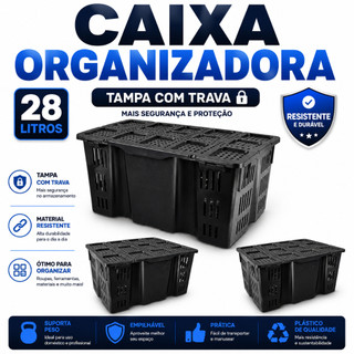 Kit 3 Caixas Organizadora Container Preta Com Tampa e Trava 28 Litros Cesto Organizador Preto