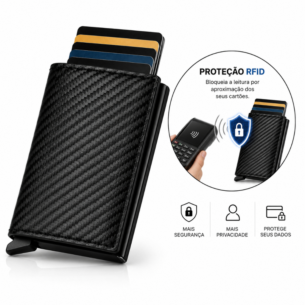 Carteira Masculina Couro Porta Cartões Fibra De Carbono RFID Slim Premium