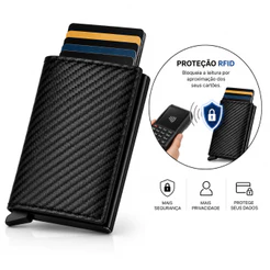 Carteira Masculina Couro Porta Cartões Fibra De Carbono RFID Slim Premium
