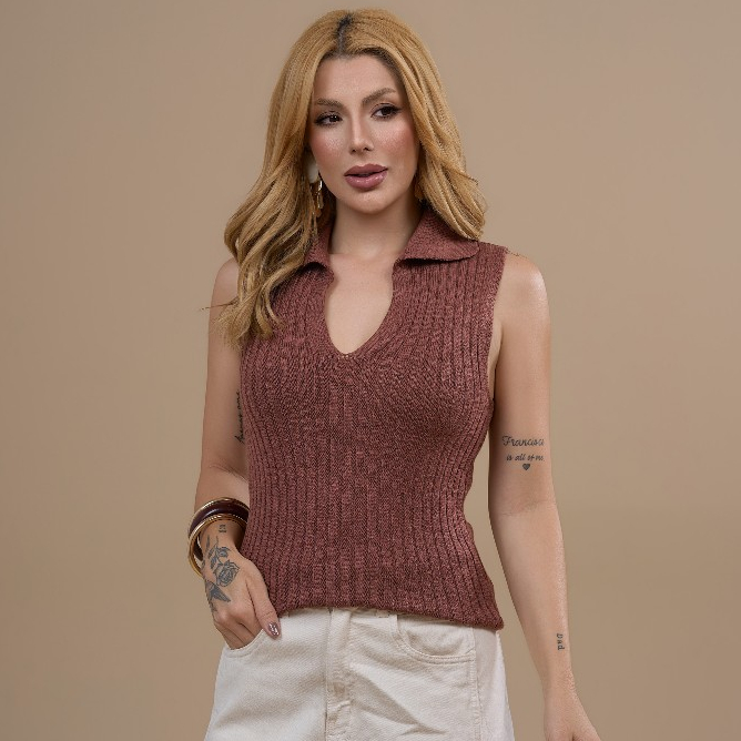 Blusa Feminina Estilosa Tricot Gola Polo Canelada Regata Roupa Feminina Elegante Verão Chic