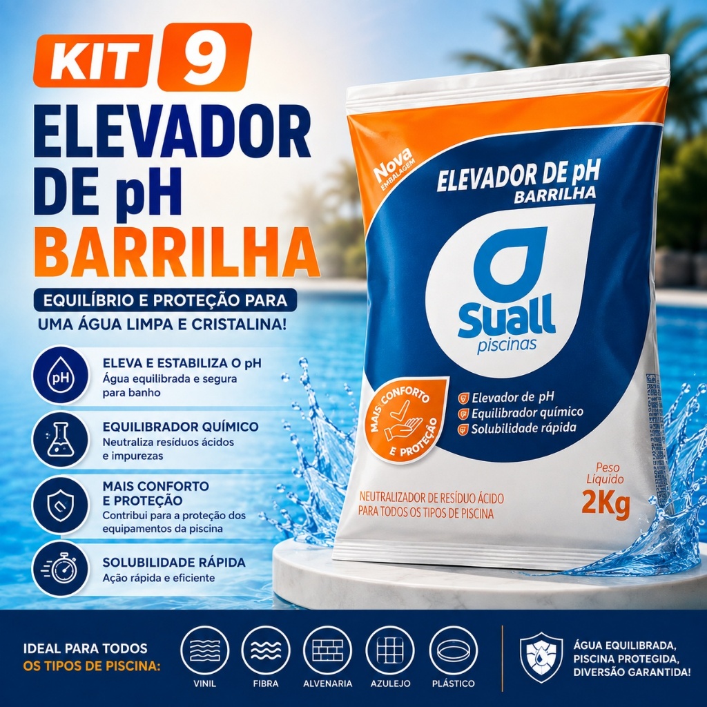 Kit com 9 Barrilhas Suall 2kg | Elevador de pH pH+ para Piscinas