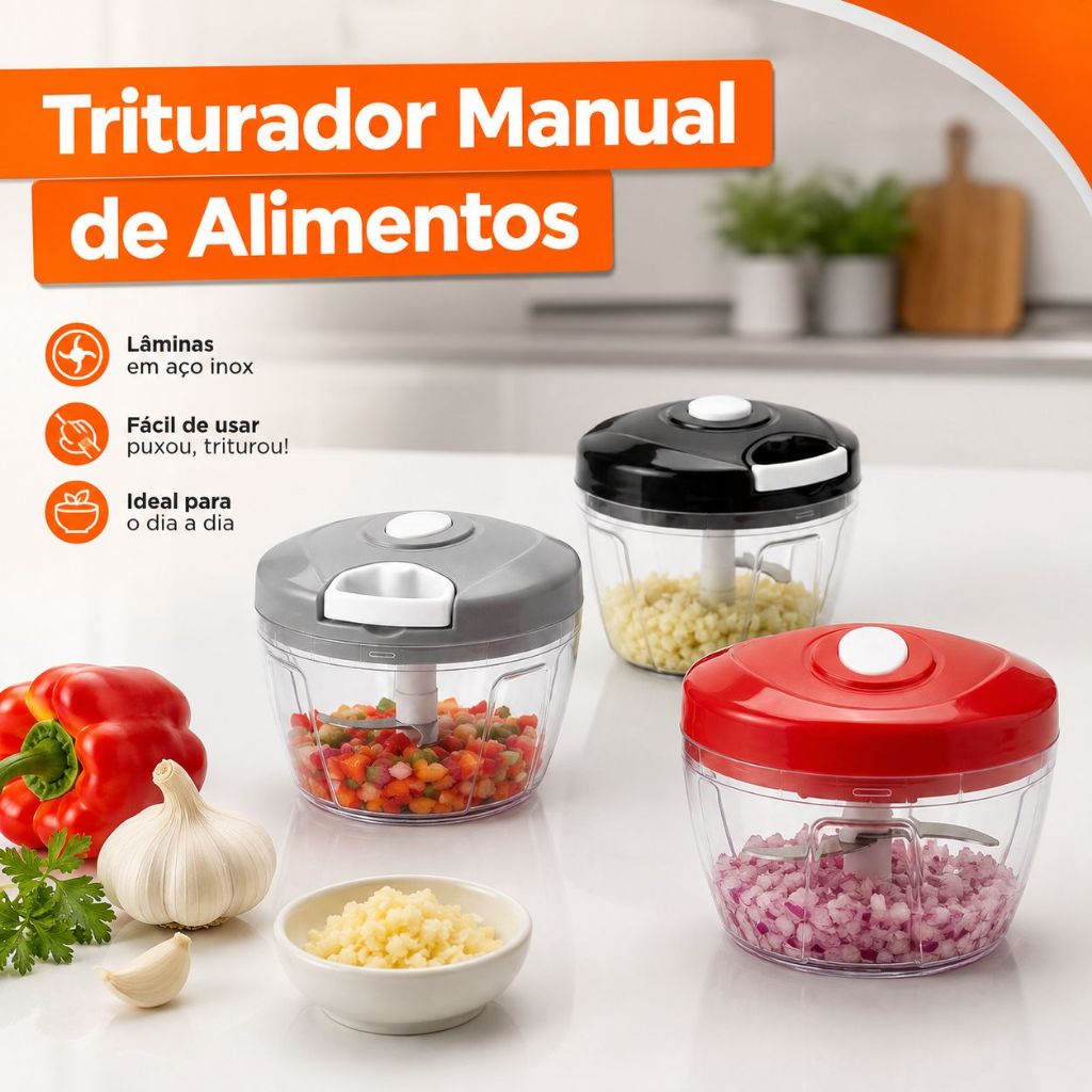 Triturador de Alimentos Grande 500ML 3 Lâminas Utensílio Processador Manual Alho Cebola Legumes
