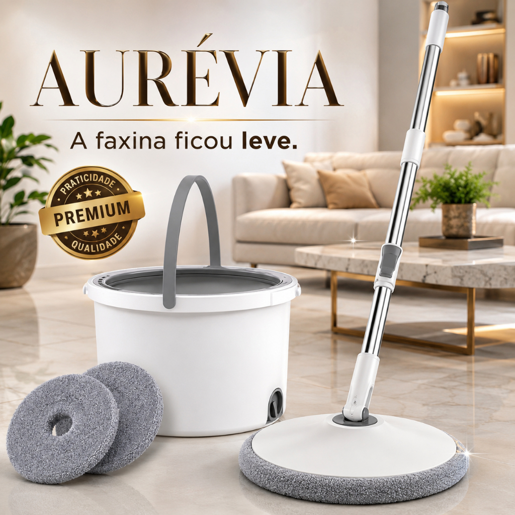**Mop Giratório Aurévia com Balde Centrífuga + 2 Refis Absorventes para Limpeza**