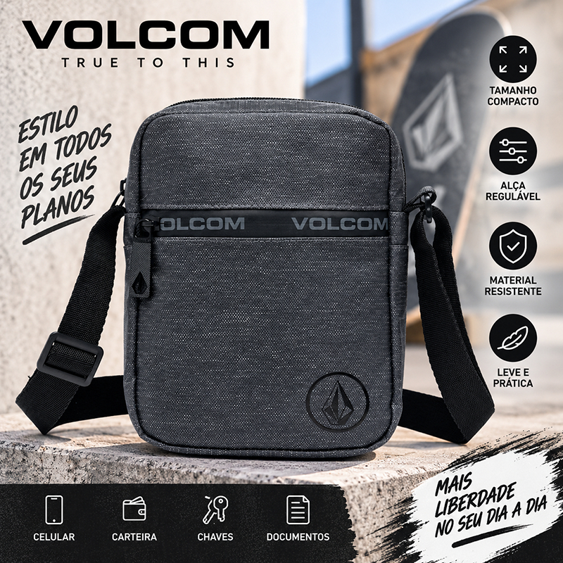 Bolsa Transversal Volcom Masculina Shoulder Bag Pequena Alça Regulável Cinza