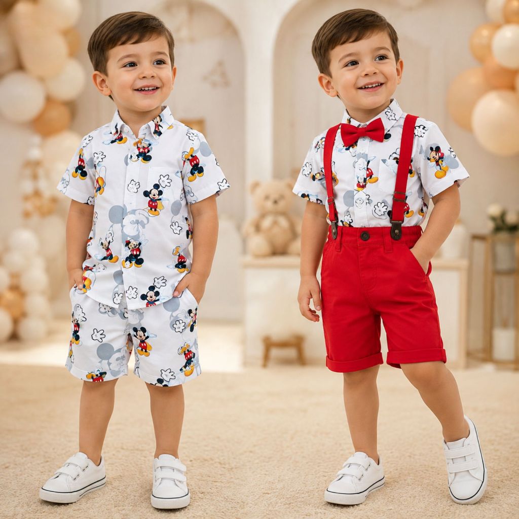 Kit Infantil Menino Mickey 2 Looks Conjunto Social Camisa Bermuda Suspensório Gravata Festa 1 a 6 Anos