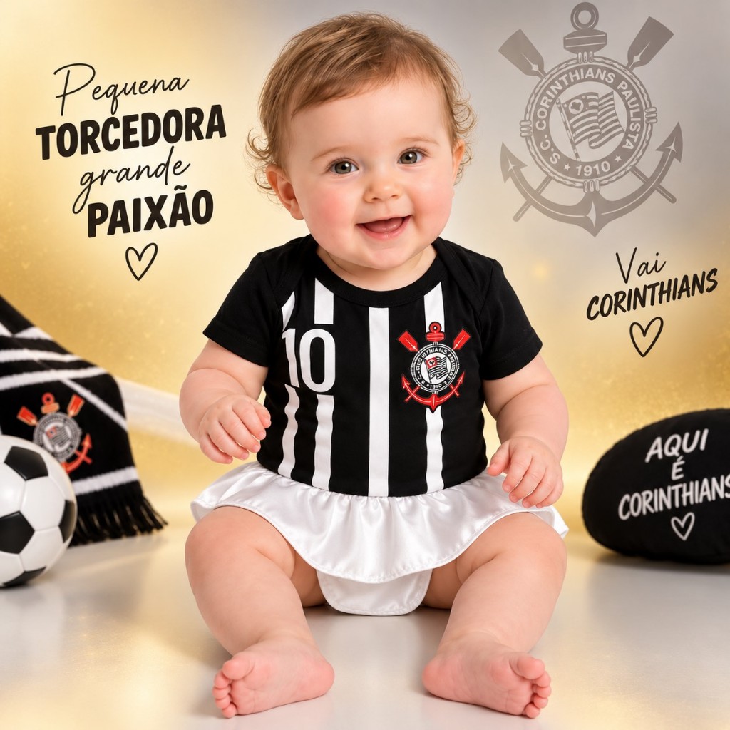 Body Bebê Corinthians com Saia e Laço Roupa Infantil Time Futebol Algodão Confortável Premium — imagem 2 de 2