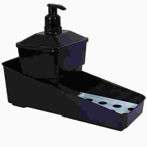 Porta Detergente com Válvula e Suporte para Esponja e Sabão - Plasútil - disponível na cor Preto