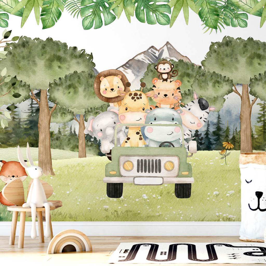 Papel De Parede Adesivo Infantil Animais Safari Passeio Na Floresta