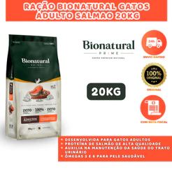 RAÇÃO BIONATURAL GATOS ADULTO SALMAO 20KG RICA EM PROTEÍNAS NATURAIS