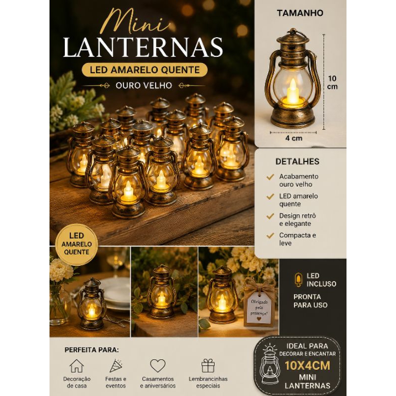 Mini lampião lanterna de LED. Lembrancinha, festa e decoração 10x4cm cor ouro velho