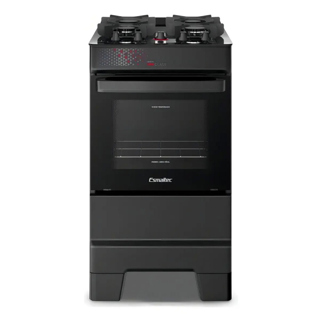 Fogão de  Piso à Gás 4 Bocas Esmaltec Ideal Top Glass preto Mesa de Vidro Acendimento Automático