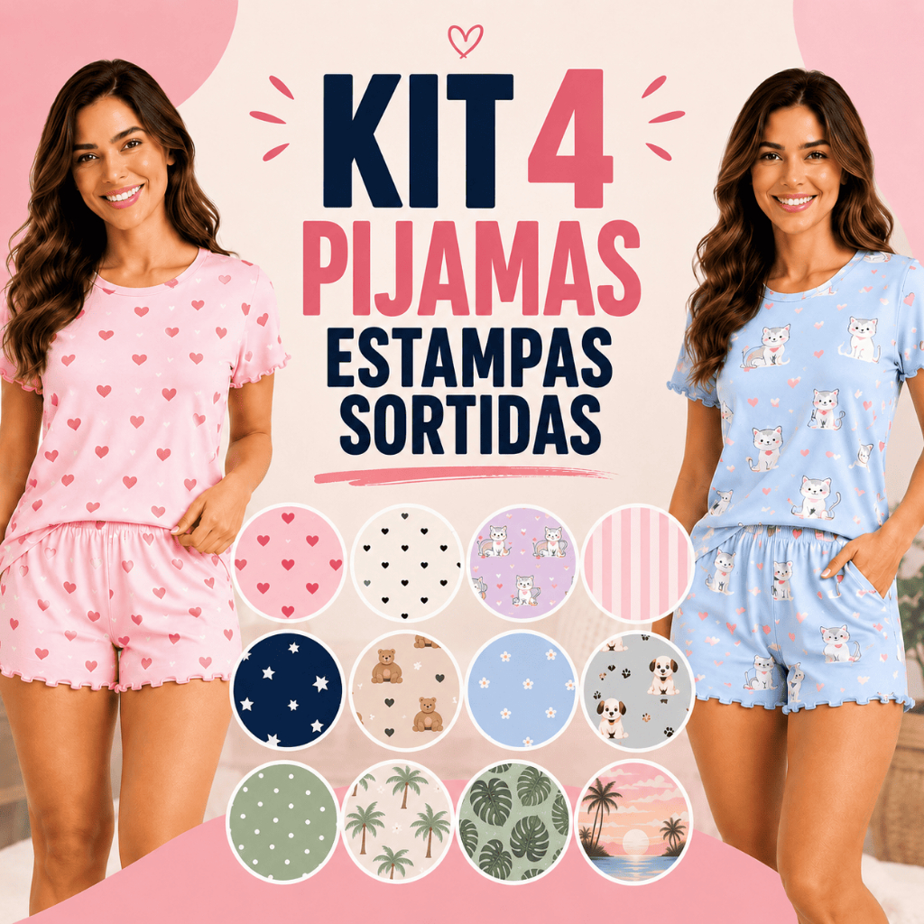 Kit 4 Pijamas Femininos Verão Conjunto Viscose Fresquinho Estampas Sortidas P M G GG Confortável Premium