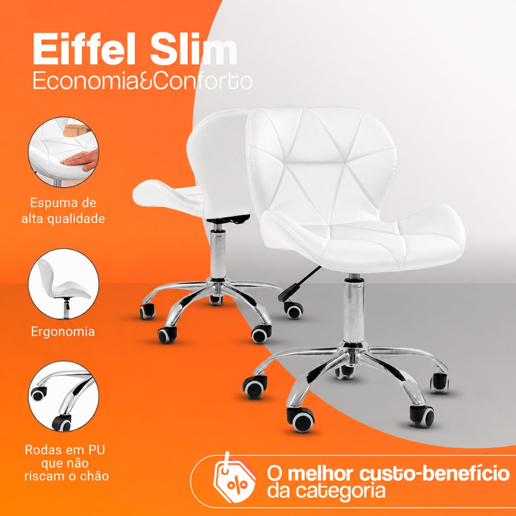 Cadeira Office Eiffel Slim Giratória Base Cromada com Rodízios e Ajuste de Altura - Branco — imagem 2 de 2