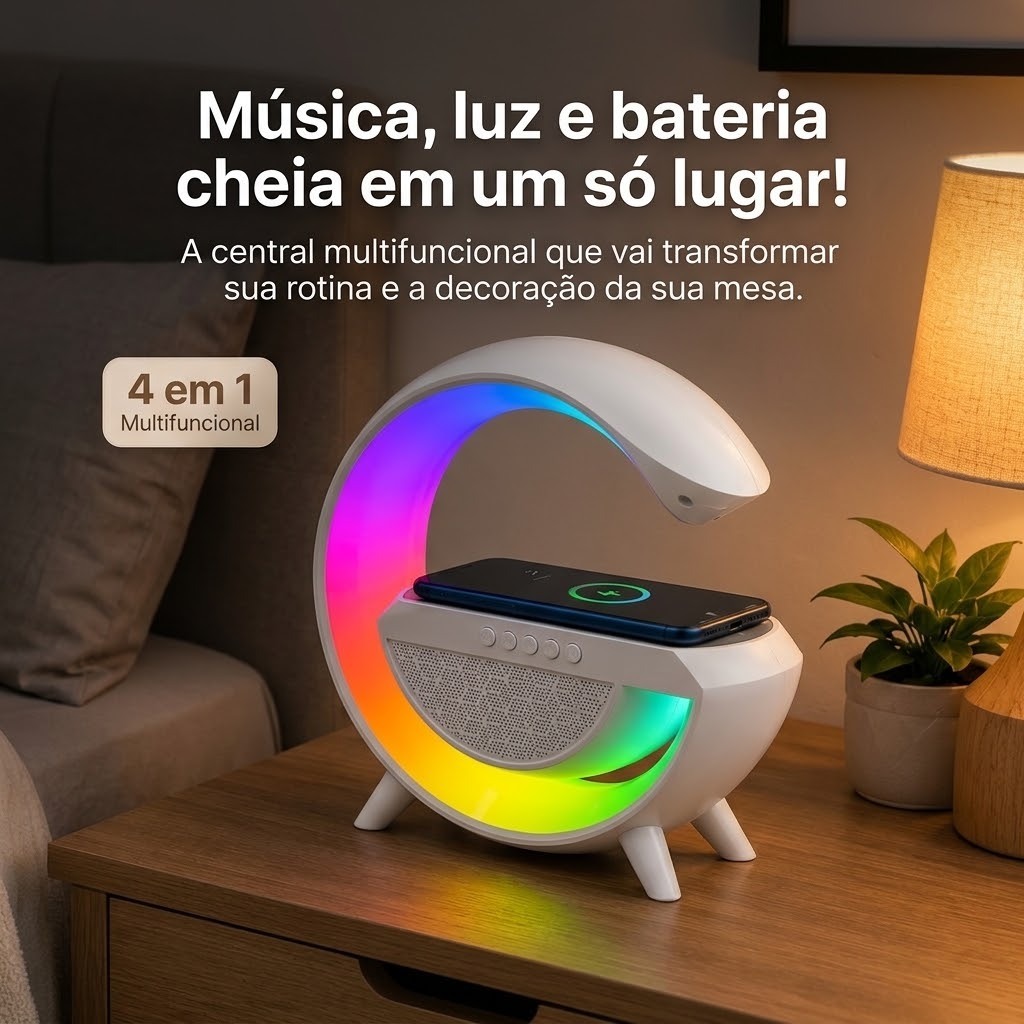 Caixa Som Bluetooth Portátil Premium Luz LED 7 Cores Carregador Indução Wireless USB TF AUX Rádio FM