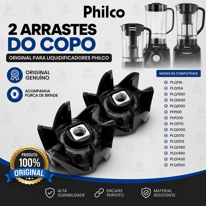 2 Arraste Conector do Copo Liquidificador Philco PLQ1310 PLQ11A PLQ15A PLQ1600 PLQ2100 (Não serve copo Genérico)