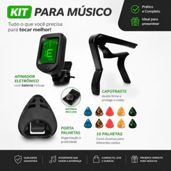 Kit completo Afinador Eletrônico + Capotraste + Porta Palhetas + 10 Palhetas - Violão, Guitarra, Baixo, Cavaco, Ukulele